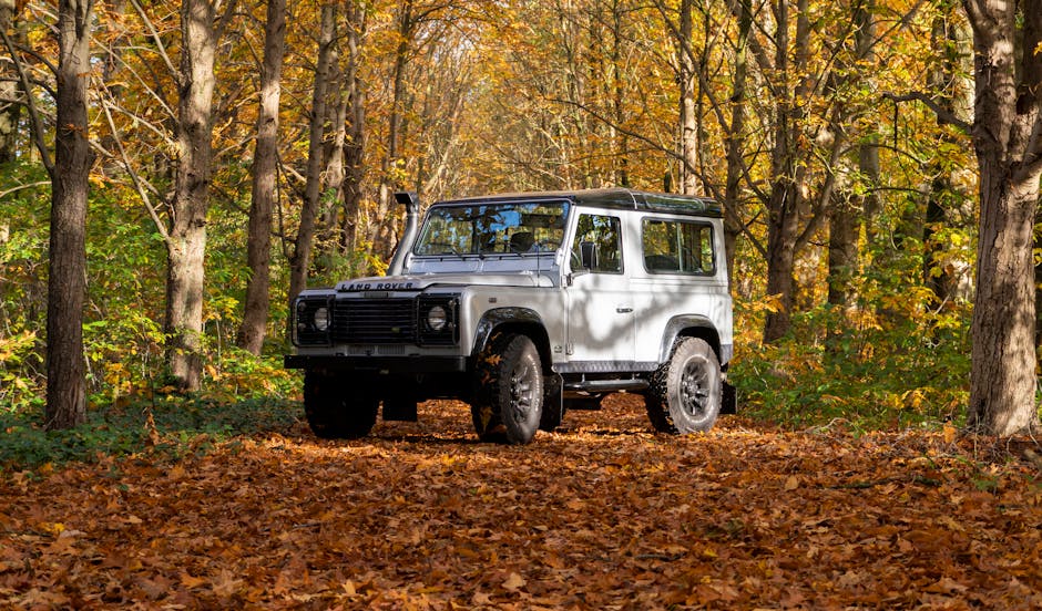 A Land Rover Defender parked in a vibrant autumn forest with fall foliage.